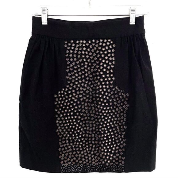 Loeffler Randall Cotton Silk Grommet Embellished Mini Skirt Black Size 4 - Picture 1 of 7